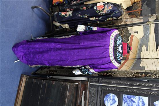 A Chinese embroidered purple satin robe, drop 4ft 6in approx.